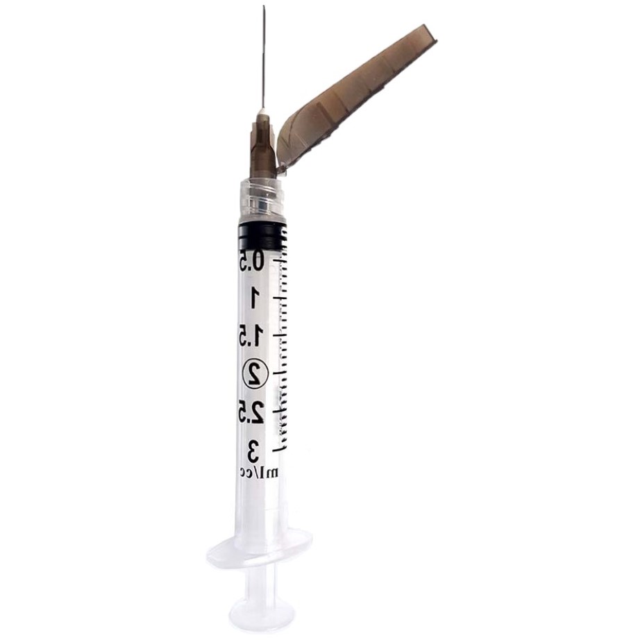 Syringe Safety 3cc LL w/Safety Needle Securetouch 22G x 1 inch latex free (50/BX 8BX/CS) by Exel Corporation  ID 27102